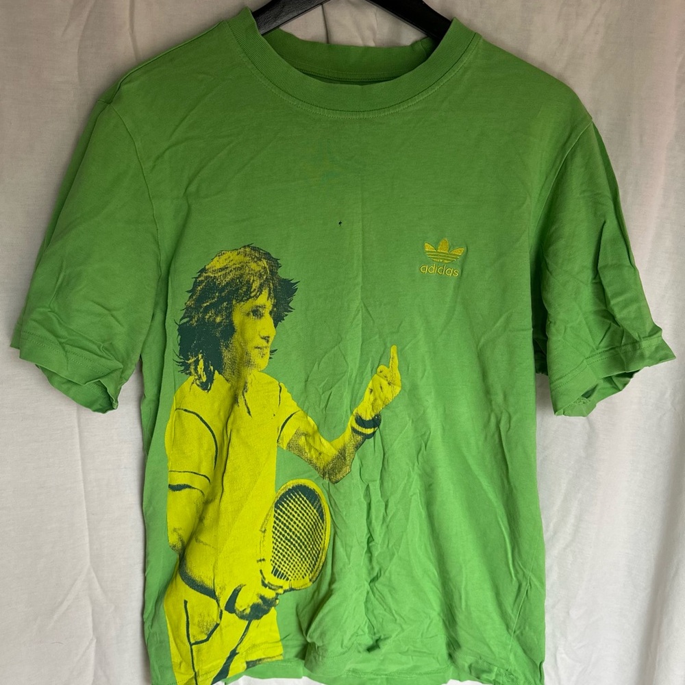 adidas Green Short Sleeve Tennis Graphic Tee with Yellow Print
